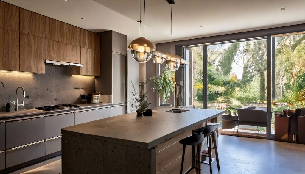 Cuisine moderne avec îlot central en béton ciré, mobilier en bois et grandes baies vitrées.