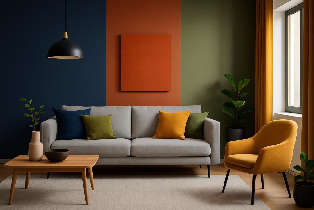 Salon moderne avec canapé et fauteuil colorés