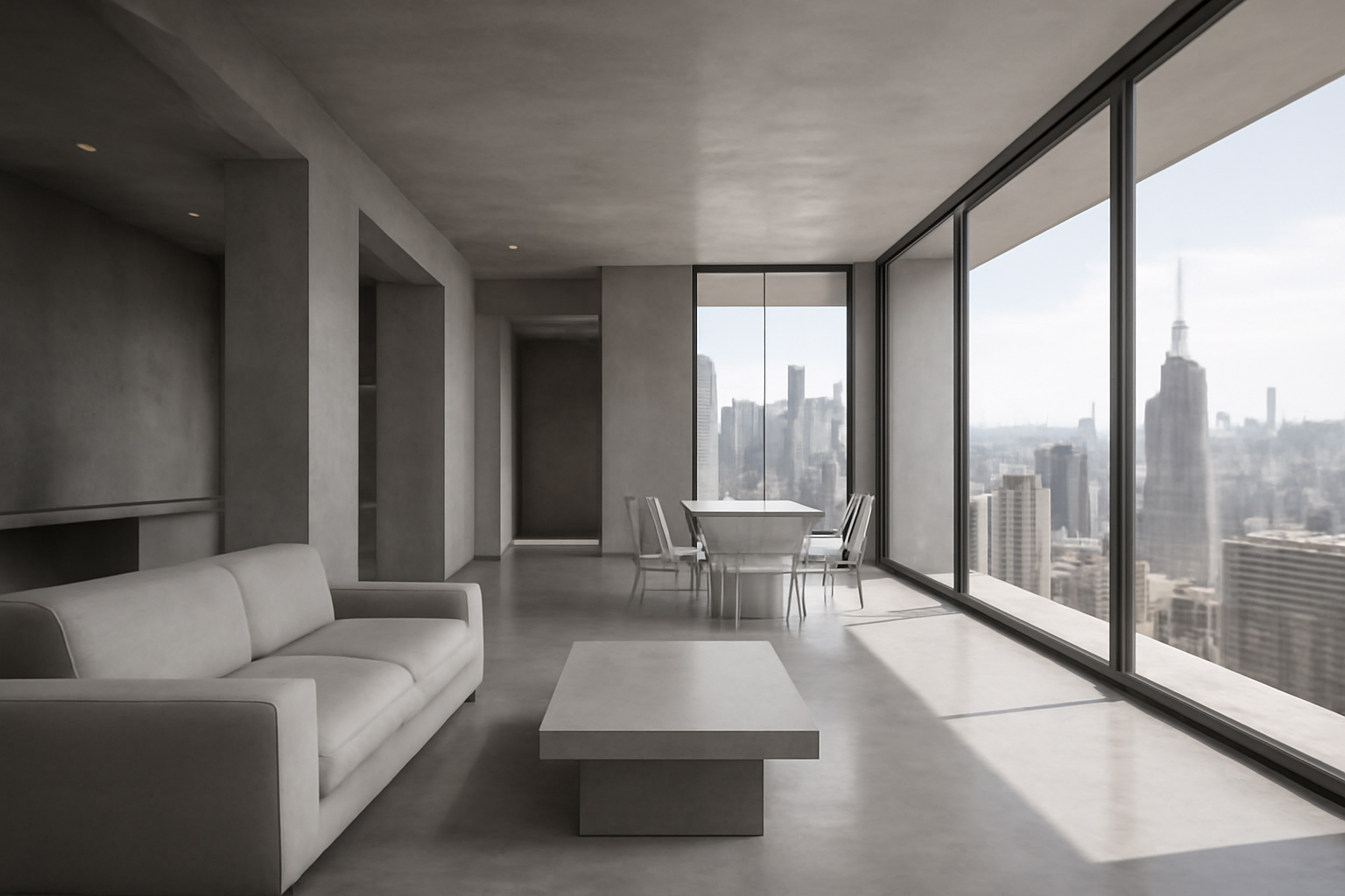 Salon moderne avec vue sur la ville.