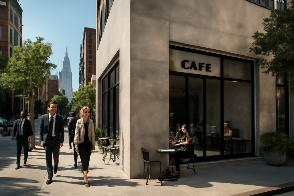 Personnes marchant près d'un café en ville.