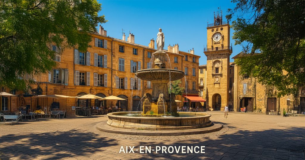 Fontaine et architecture provençale à Aix-en-Provence, cadre idéal pour des créations en béton ciré