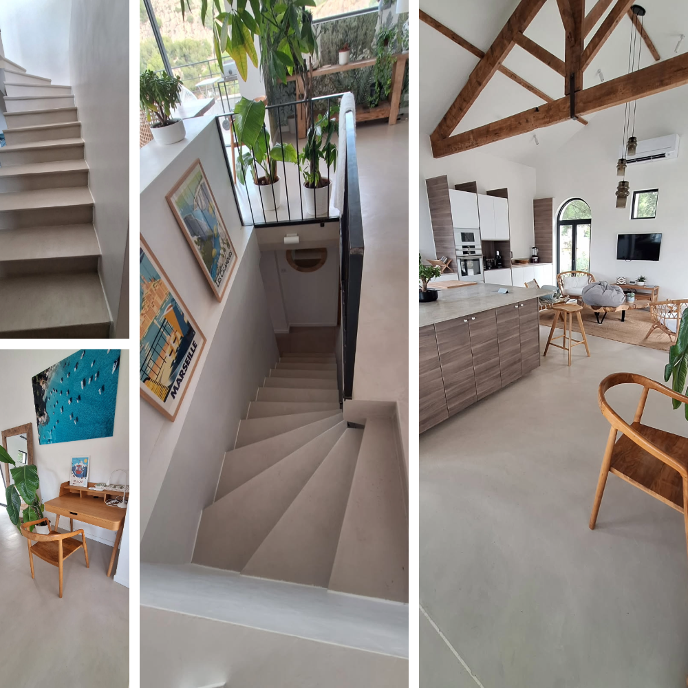 Intérieur moderne avec escalier et cuisine ouverte.