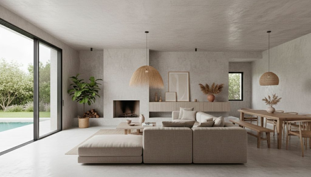 Salon moderne avec canapé et grandes fenêtres.