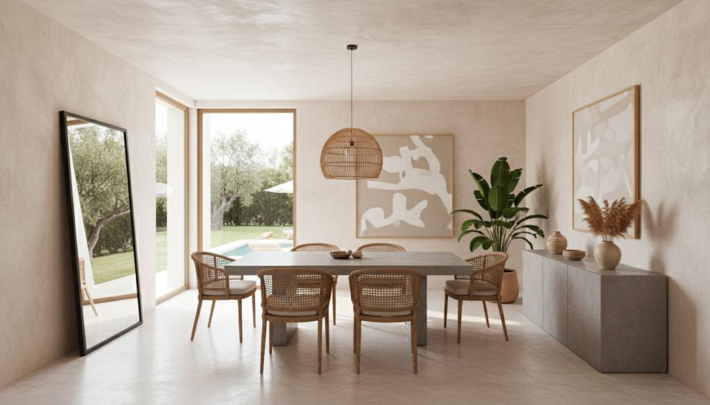 Salle à manger moderne, table et chaises en bois.