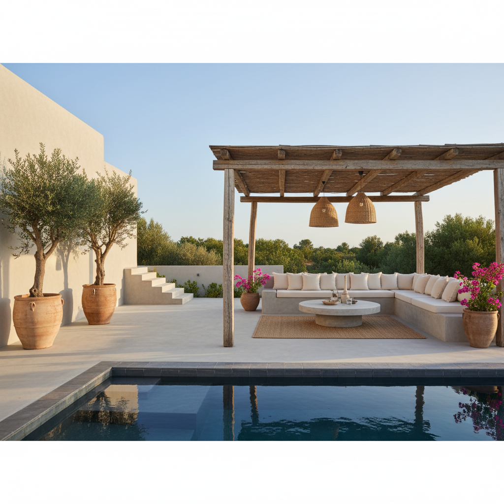 Terrasse avec piscine, pergola et plantes.