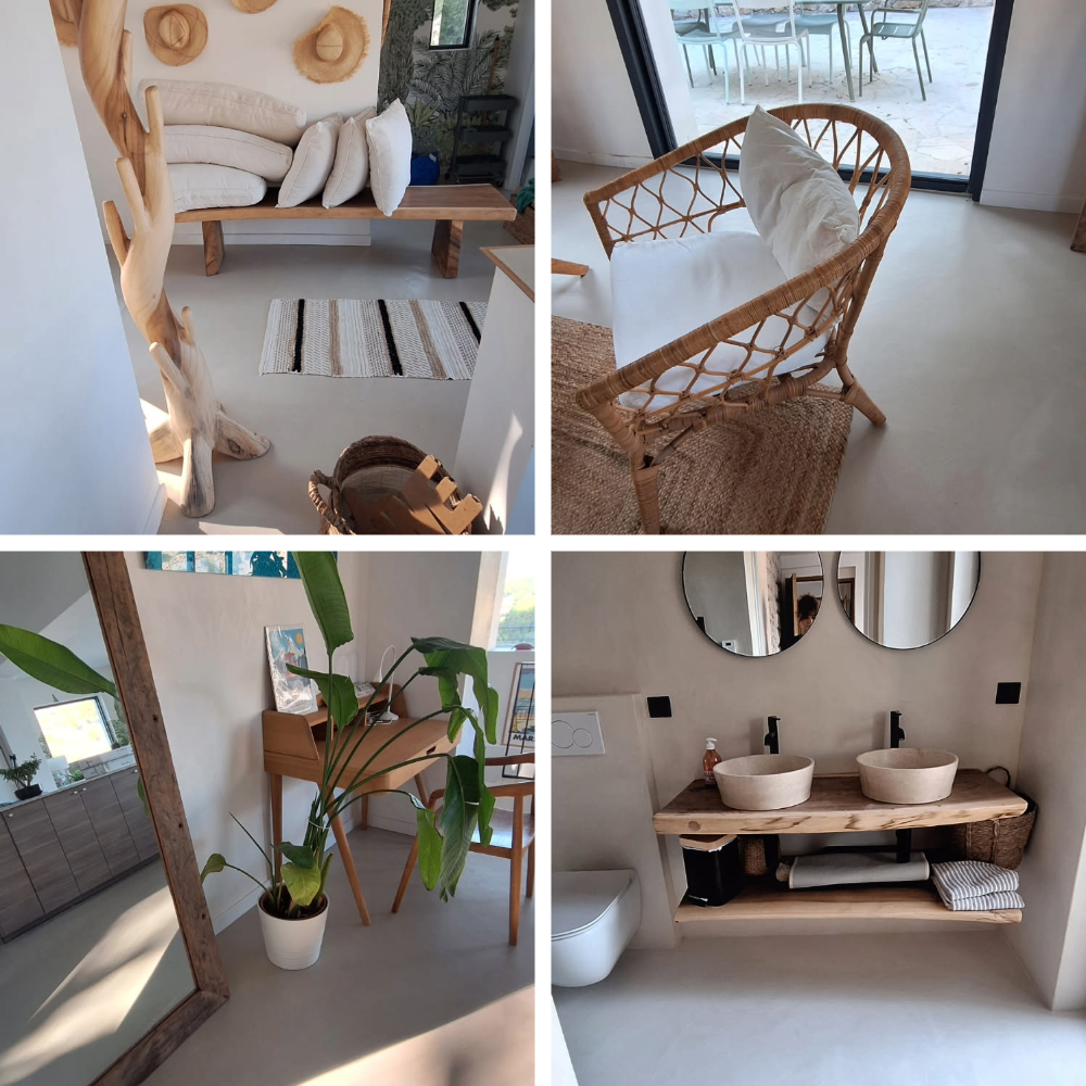 Intérieur moderne avec meubles en bois et plantes vertes.