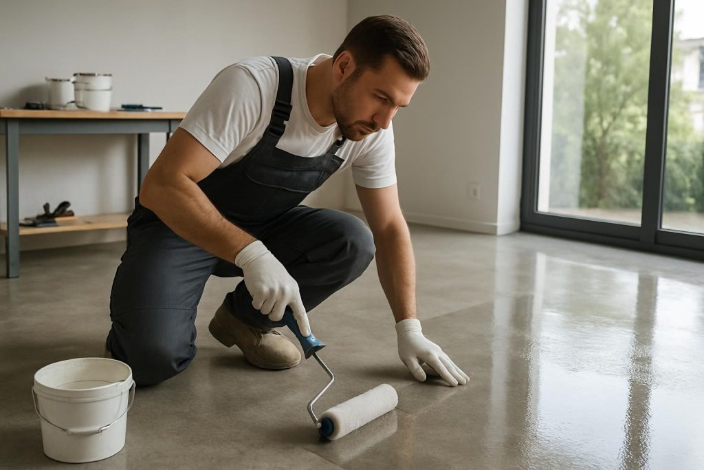 Un homme en train de rénover un sol en béton ciré avec un rouleau.