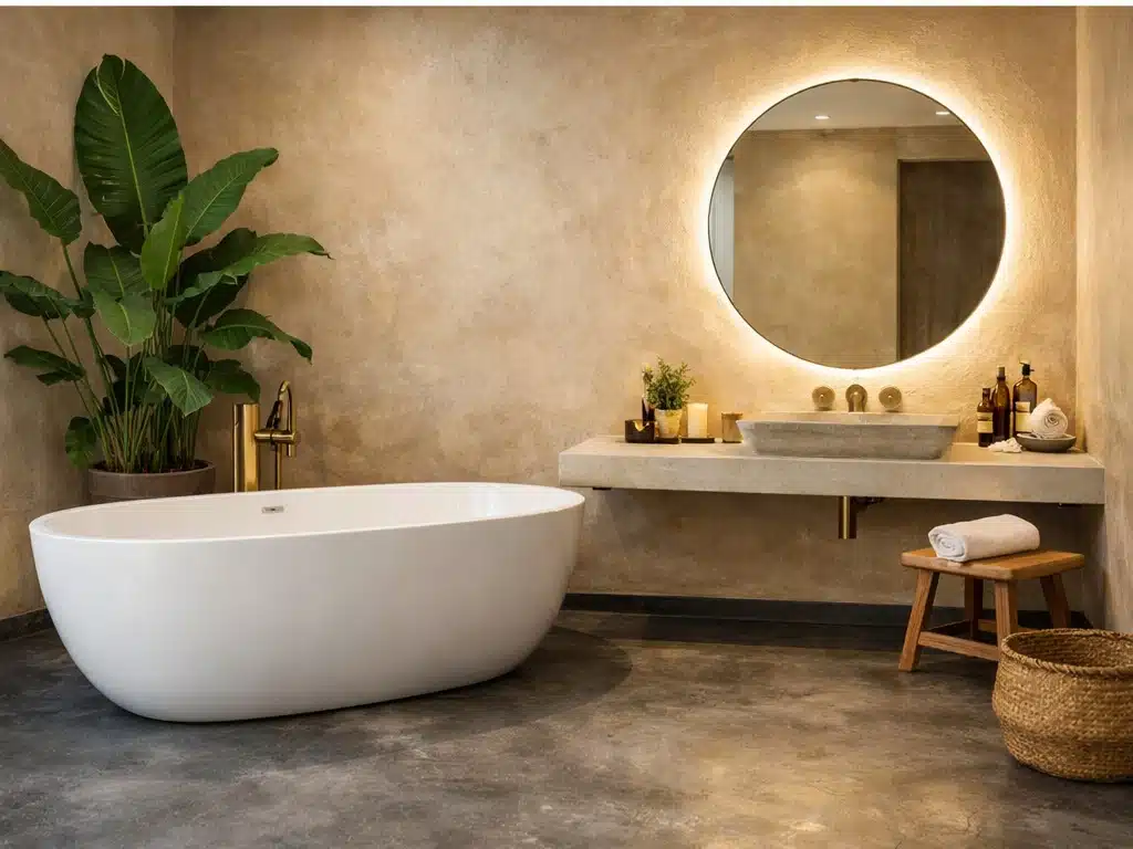 Salle de bain avec baignoire îlot en béton ciré à Martigues