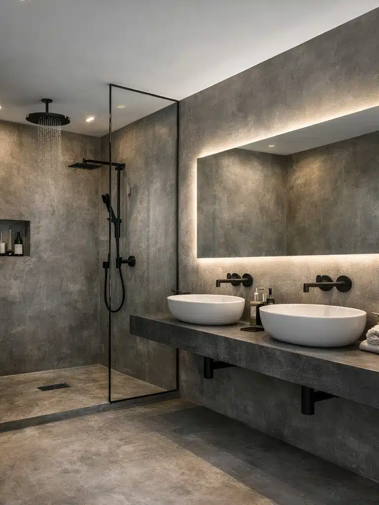 Douche italienne en béton ciré dans une salle de bain des Alpes-Maritimes — BTONBYSANDRA