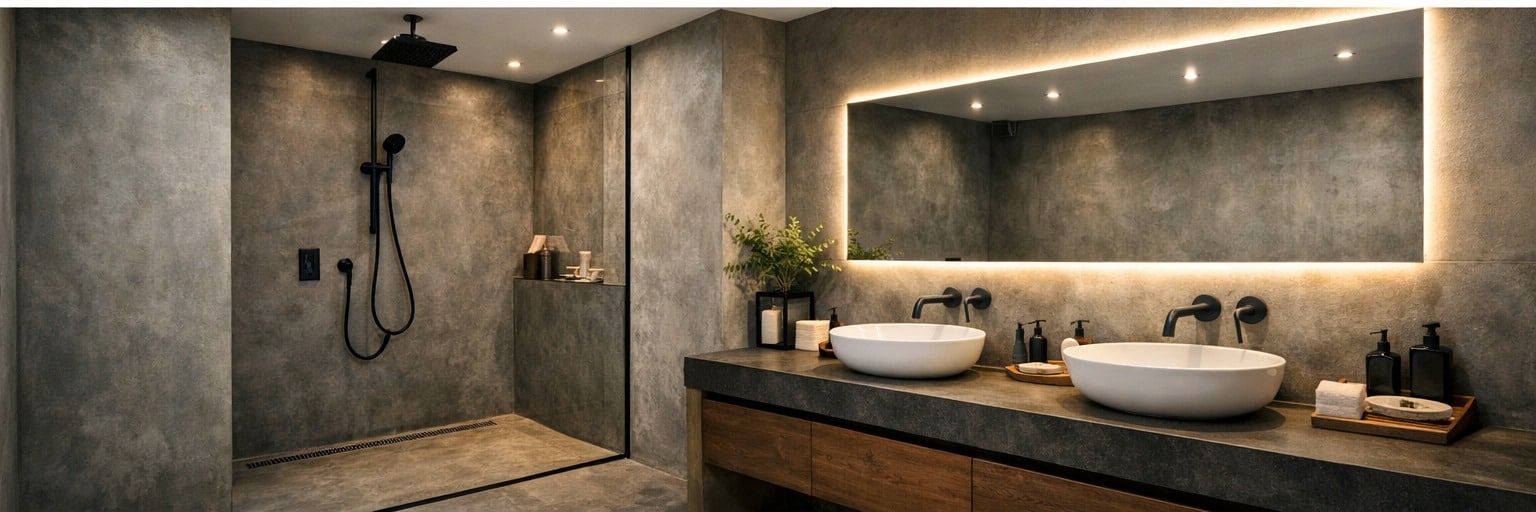 Douche italienne en béton ciré dans une salle de bain à Cagnes-sur-Mer — BTONBYSANDRA