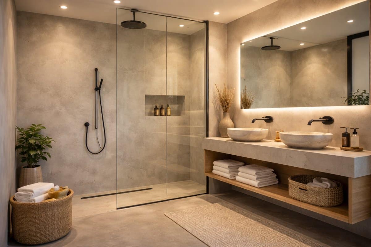 Douche italienne en béton ciré dans une salle de bain à Cannes — BTONBYSANDRA