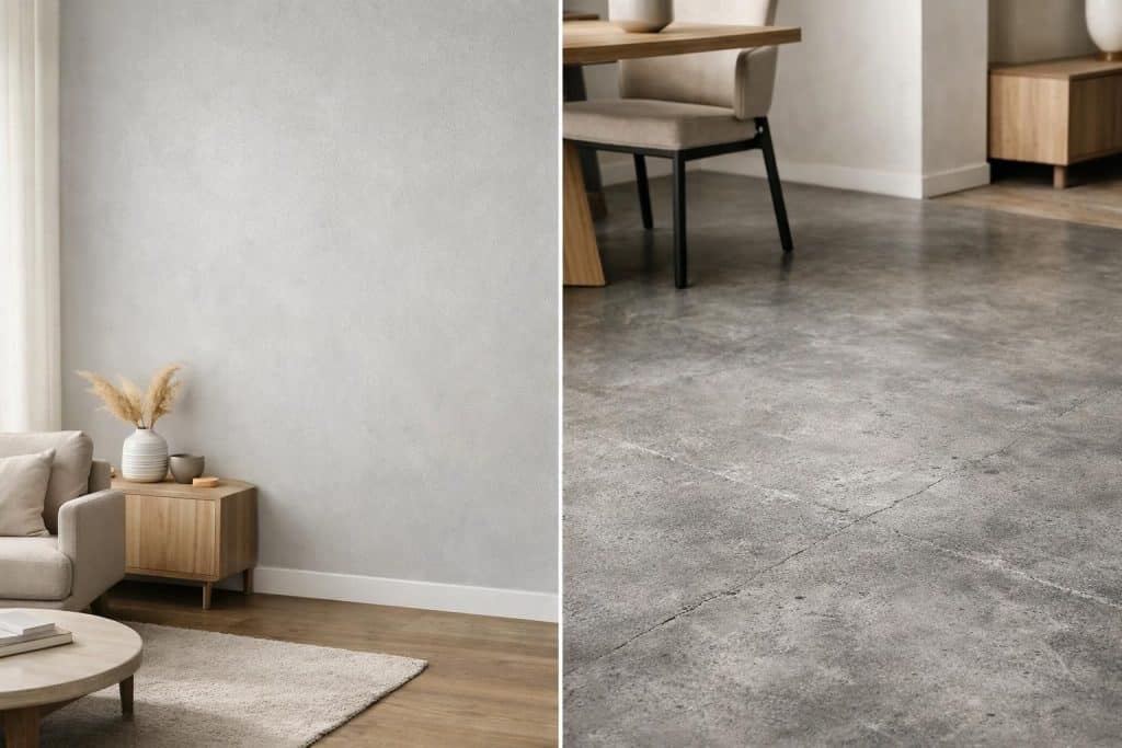 Comparatif visuel entre un sol en béton ciré et un sol carrelé dans un salon moderne