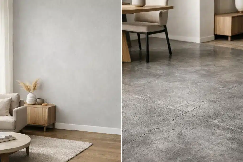Comparatif visuel entre un sol en béton ciré et un sol carrelé dans un salon moderne