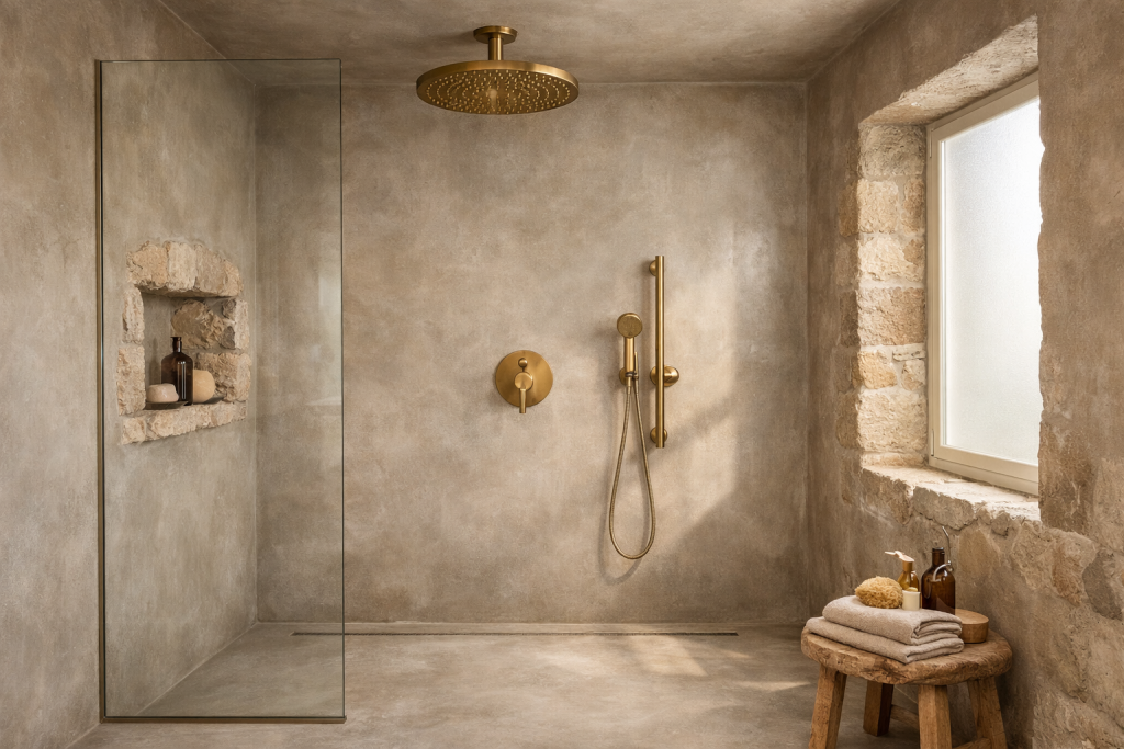 Douche italienne en béton ciré gris beige avec robinetterie laiton style provençal