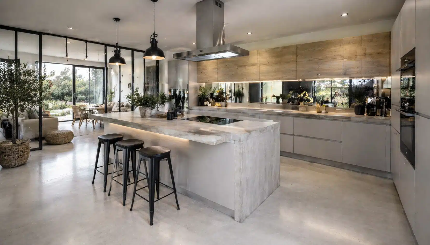 Cuisine béton ciré îlot central avec verrière