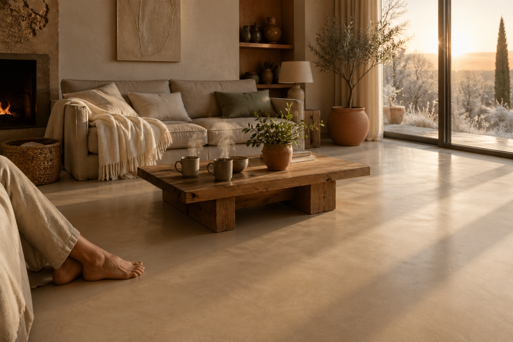 Intérieur moderne avec sol en béton ciré et mobilier chaleureux