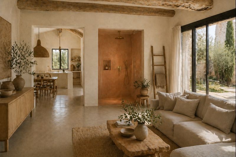 Bastide provençale rénovée avec sol béton ciré taupe murs chaux crème et douche tadelakt terracotta