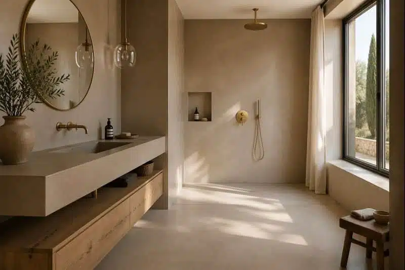 Salle de bain béton ciré taupe avec douche italienne tadelakt terracotta et enduit à la chaux