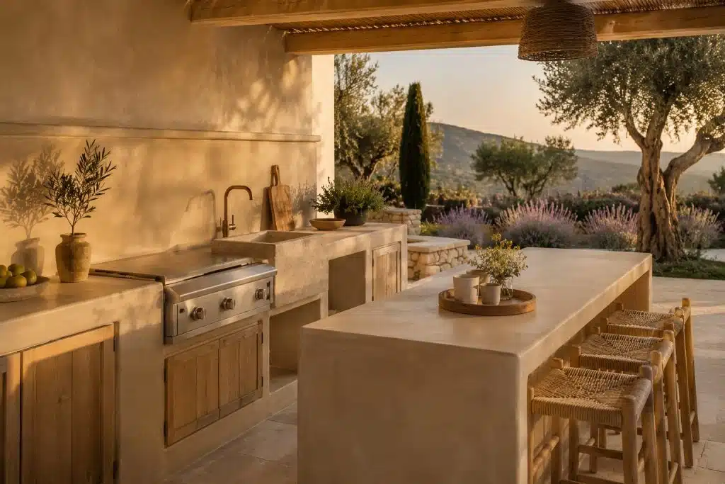 Cuisine d'été méditerranéenne avec béton ciré sable, pergola, plancha inox et oliviers — BTONBYSANDRA