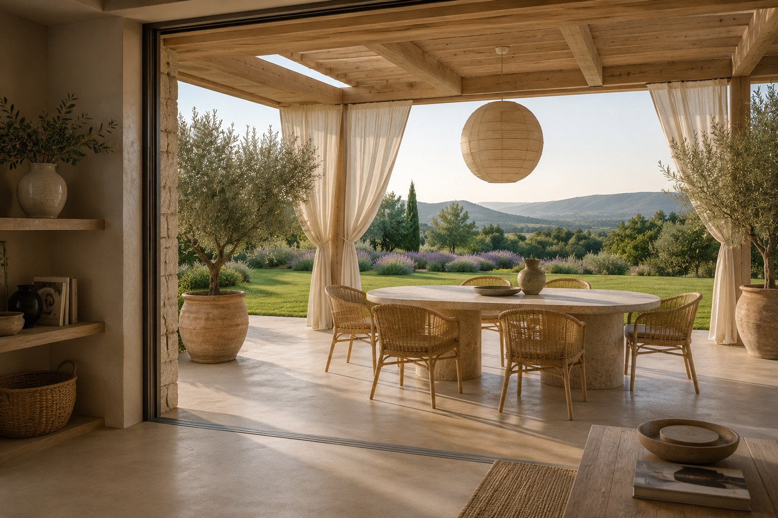 Terrasse couverte en béton ciré taupe avec pergola bois clair, rideaux lin et vue sur collines provençales — BTONBYSANDRA