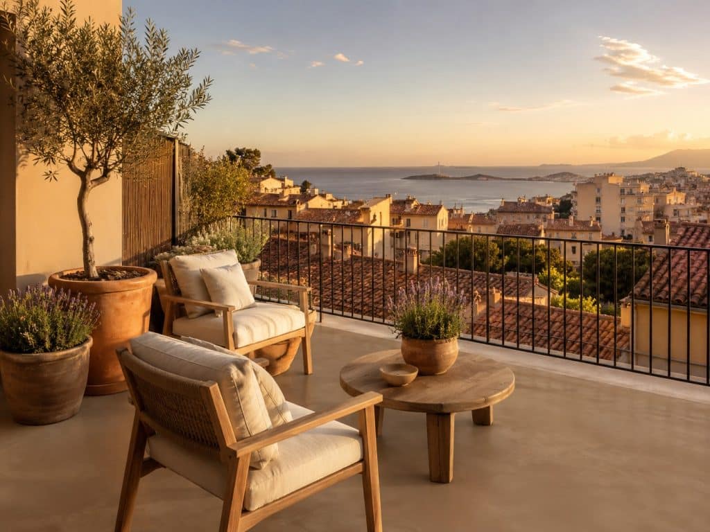 Balcon en béton ciré couleur sable taupe sans joint avec mobilier teck, olivier et vue sur les toits de Marseille et la mer — BTONBYSANDRA