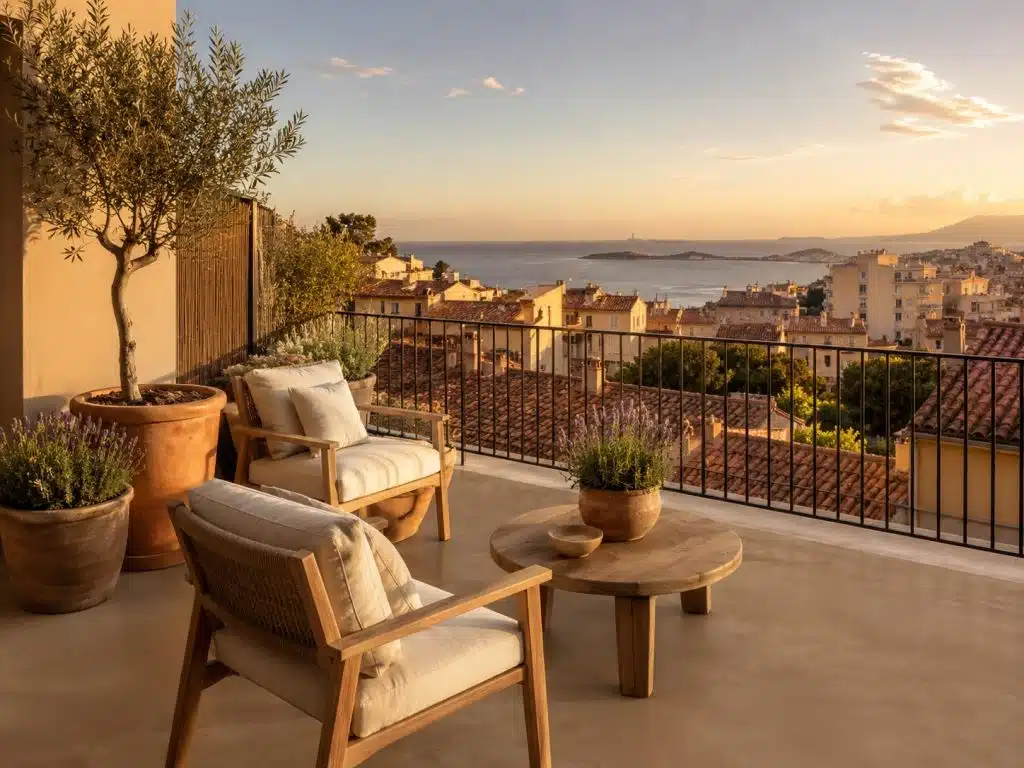 Balcon en béton ciré couleur sable taupe sans joint avec mobilier teck, olivier et vue sur les toits de Marseille et la mer — BTONBYSANDRA