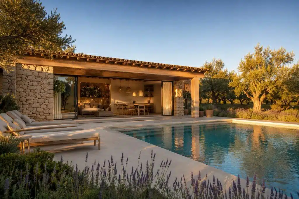 Pool house en béton ciré sable ouvert sur piscine, pergola bois clair et oliviers — réalisation pool house méditerranéen PACA BTONBYSANDRA