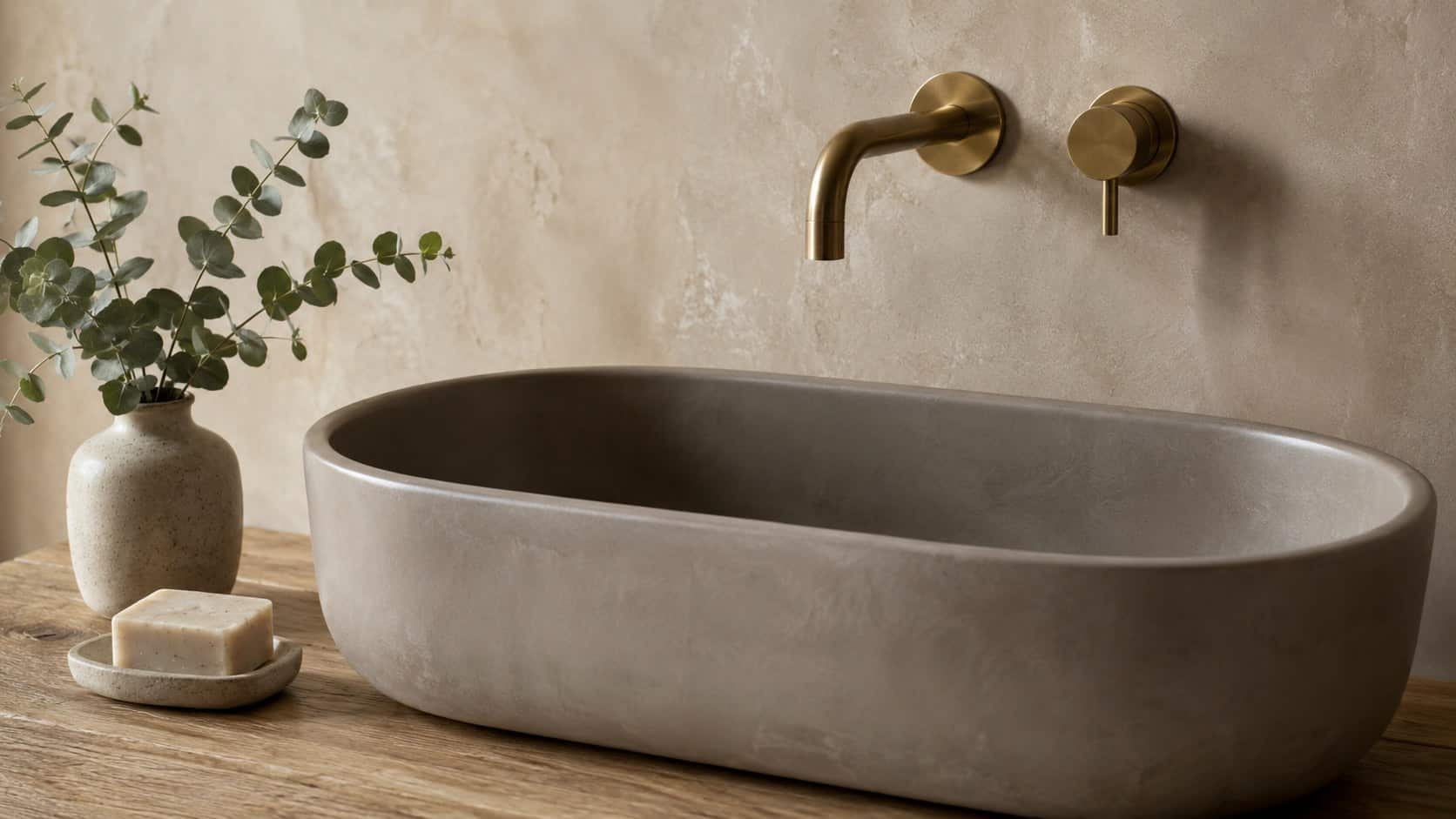 Vasque monolithe en béton ciré gris taupe sur plan en chêne massif, robinetterie murale laiton brossé — BTONBYSANDRA artisan PACA
