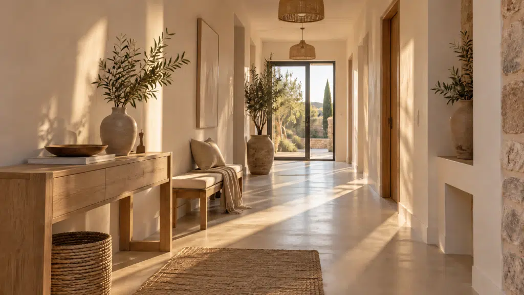 Un couloir lumineux avec des plantes, un banc en bois et des murs en béton ciré.