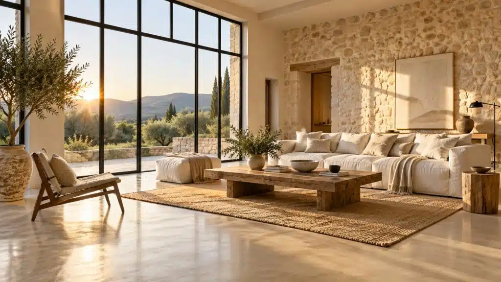 Séjour provençal lumineux avec un sol en béton ciré continu teinte sable, sans joint, mur en pierre claire et verrière en acier noir — réalisation BTONBYSANDRA en PACA