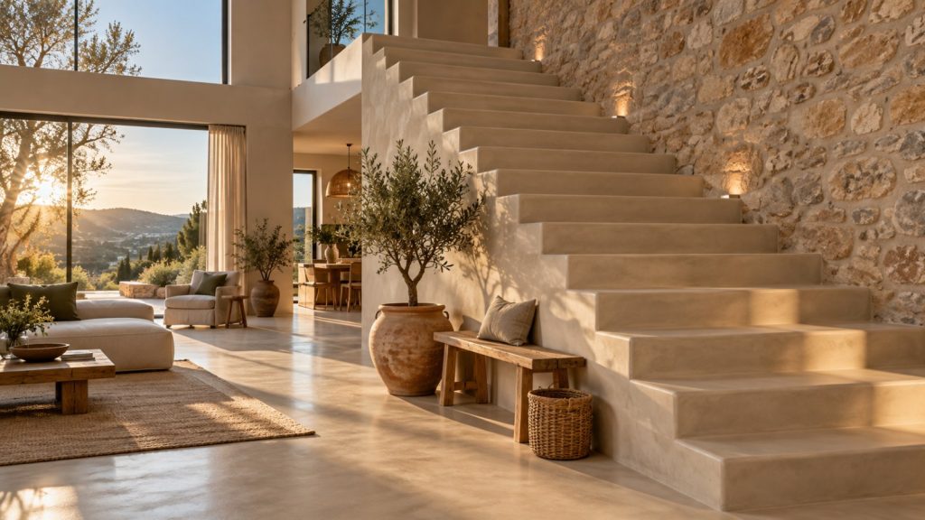 Escalier en béton ciré couleur sable, marches et contremarches sans joint le long d'un mur en pierre, villa provençale baignée de lumière dorée — BTONBYSANDRA